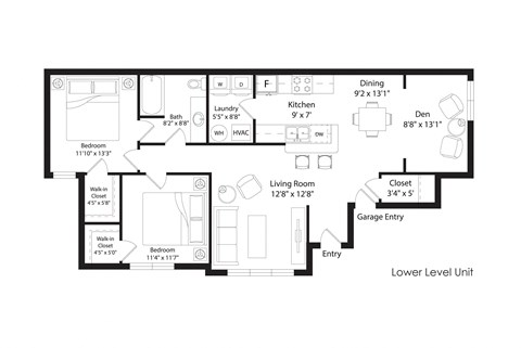 Floor plan for 2 beds, 1 bath, 1161 sqft